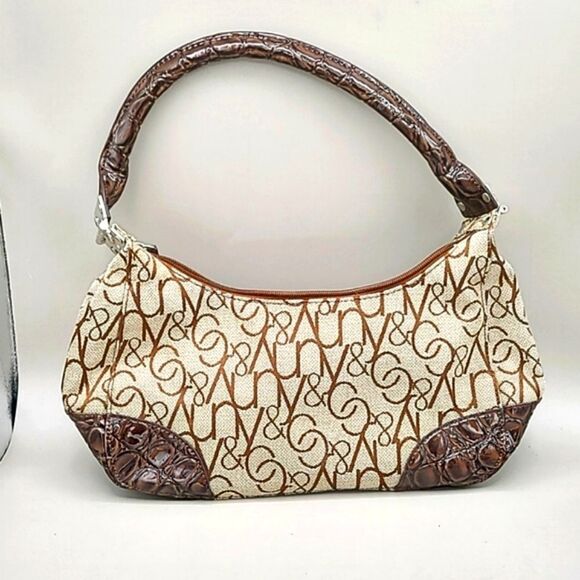 New York & Company Tan & Brown Canvas Handbag with Embossed Patent Trim - Picture 1 of 10